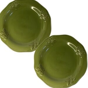 Elegant Le Gourmet Chef Montauk Olive Green Leaf Ceramic Dinner Plates Set Of 2